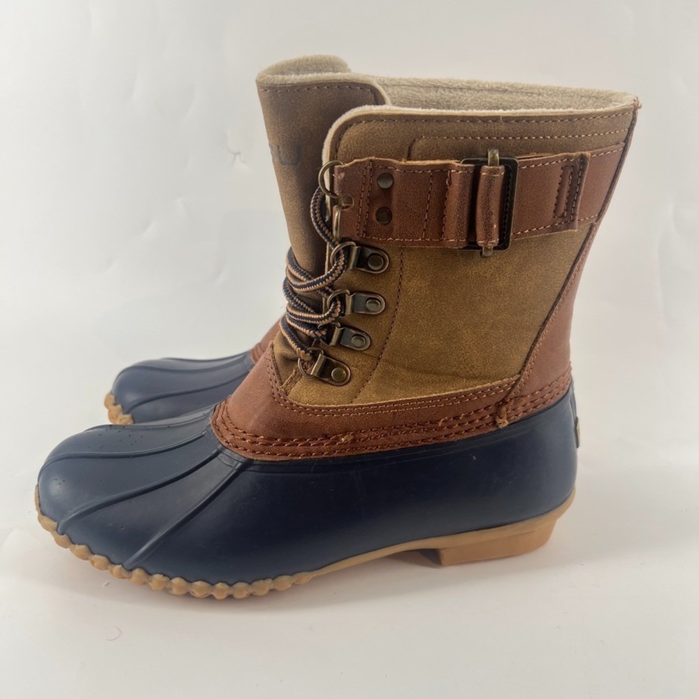 JBU Jambu Windsor Waterproof Duck Boots Women 7M Brown Navy Faux Fur Winter Fall